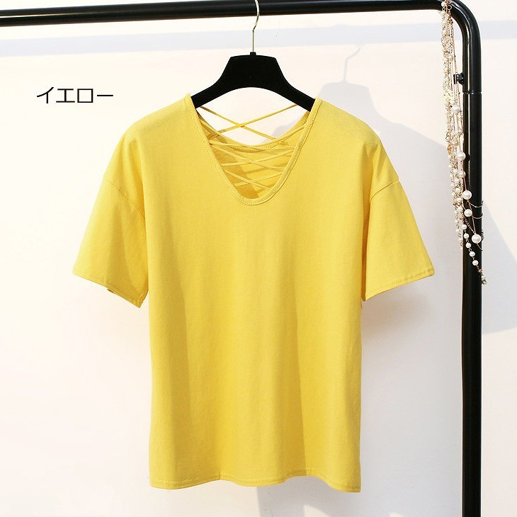 レディース　半袖　Vネック　Tシャツ　ソリッドカラー　トップス　人気　春物　夏物　女性　大人　カジュアル　キュート　可愛い　フェミニン　セクシー　おしゃれ　ファッション　イエロー　レッド　ホワイト　ブラック　フリーサイズ　ワンサイズ　送料無料