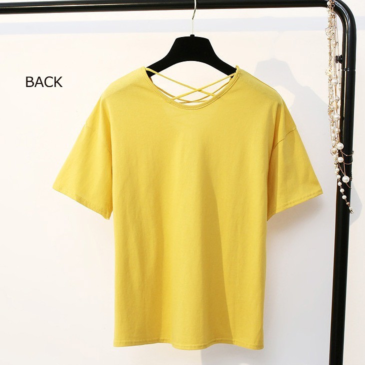 レディース　半袖　Vネック　Tシャツ　ソリッドカラー　トップス　人気　春物　夏物　女性　大人　カジュアル　キュート　可愛い　フェミニン　セクシー　おしゃれ　ファッション　イエロー　レッド　ホワイト　ブラック　フリーサイズ　ワンサイズ　送料無料