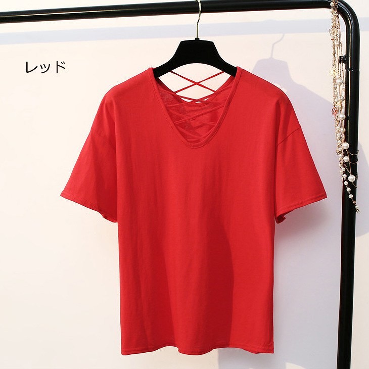 レディース　半袖　Vネック　Tシャツ　ソリッドカラー　トップス　人気　春物　夏物　女性　大人　カジュアル　キュート　可愛い　フェミニン　セクシー　おしゃれ　ファッション　イエロー　レッド　ホワイト　ブラック　フリーサイズ　ワンサイズ　送料無料