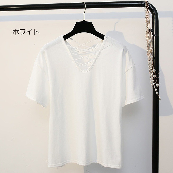 レディース　半袖　Vネック　Tシャツ　ソリッドカラー　トップス　人気　春物　夏物　女性　大人　カジュアル　キュート　可愛い　フェミニン　セクシー　おしゃれ　ファッション　イエロー　レッド　ホワイト　ブラック　フリーサイズ　ワンサイズ　送料無料