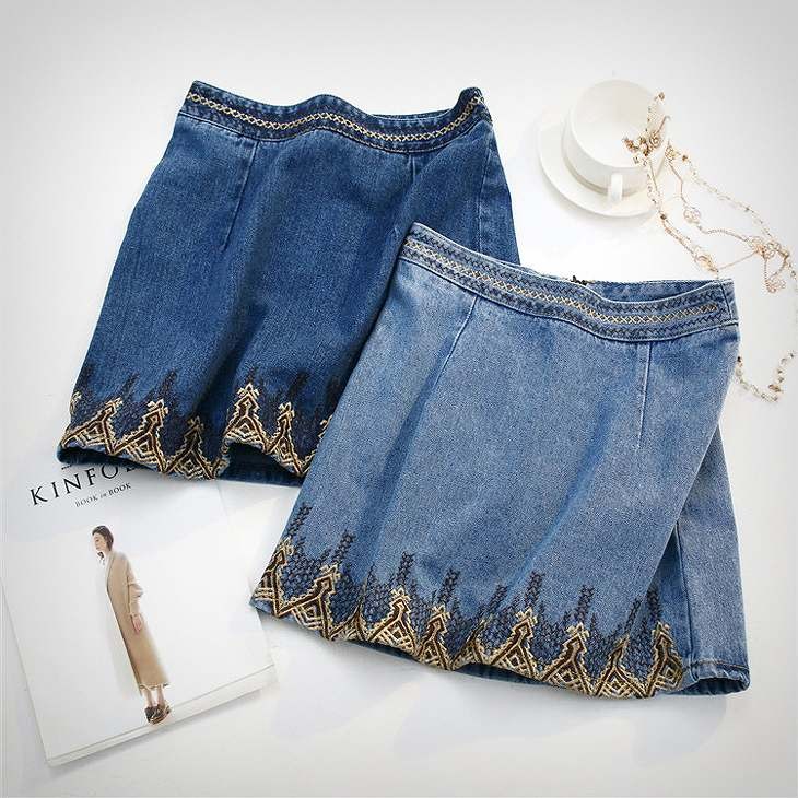 レディース　刺繍　ハイウエスト　ミニタイトスカート　デニム　ジーンズ　ボトムス　春物　夏物　海　女性　大人　カジュアル　可愛い　フェミニン　おしゃれ　ファッション　ブルー　ネイビー　Ｓ　Ｍ　Ｌ　XL　サイズ　送料無料