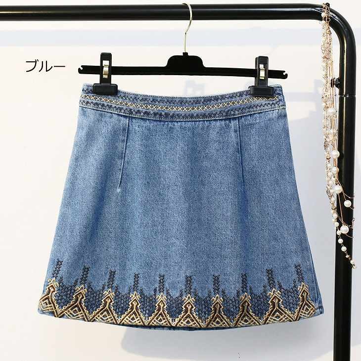 レディース　刺繍　ハイウエスト　ミニタイトスカート　デニム　ジーンズ　ボトムス　春物　夏物　海　女性　大人　カジュアル　可愛い　フェミニン　おしゃれ　ファッション　ブルー　ネイビー　Ｓ　Ｍ　Ｌ　XL　サイズ　送料無料