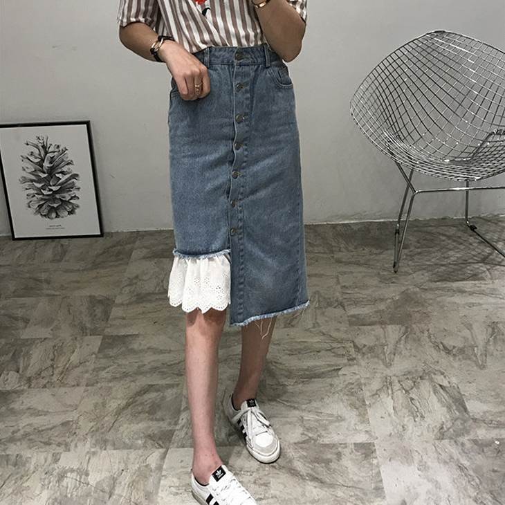 レディース　ミディ丈　ひざ下丈　スカート　レース　シングルブレスト　ボタンフライ　切りっぱなし　デニム　ジーンズ　ボトムス　春物　夏　女性　大人　カジュアル　可愛い　フェミニン　おしゃれ　ファッション　ネイビー　ブルー　Ｓ　Ｍ　Ｌ　XL　サイズ　送料無料