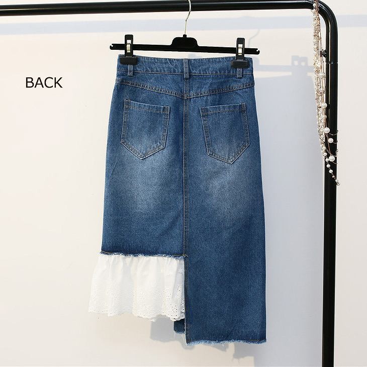 レディース　ミディ丈　ひざ下丈　スカート　レース　シングルブレスト　ボタンフライ　切りっぱなし　デニム　ジーンズ　ボトムス　春物　夏　女性　大人　カジュアル　可愛い　フェミニン　おしゃれ　ファッション　ネイビー　ブルー　Ｓ　Ｍ　Ｌ　XL　サイズ　送料無料