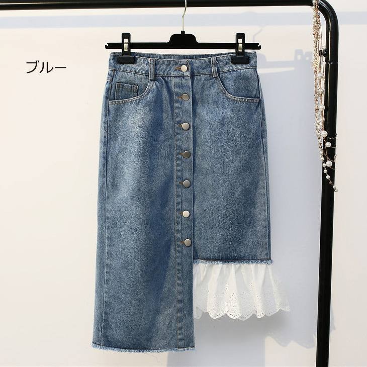 レディース　ミディ丈　ひざ下丈　スカート　レース　シングルブレスト　ボタンフライ　切りっぱなし　デニム　ジーンズ　ボトムス　春物　夏　女性　大人　カジュアル　可愛い　フェミニン　おしゃれ　ファッション　ネイビー　ブルー　Ｓ　Ｍ　Ｌ　XL　サイズ　送料無料