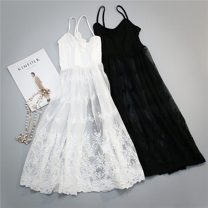 レディース　ワンピース　キャミソール　透け感　レース　トップス　人気　春物　夏物　女性　大人　カジュアル　キュート　可愛い　フェミニン　セクシー　おしゃれ　ファッション　ホワイト　ブラック　フリーサイズ　ワンサイズ　送料無料