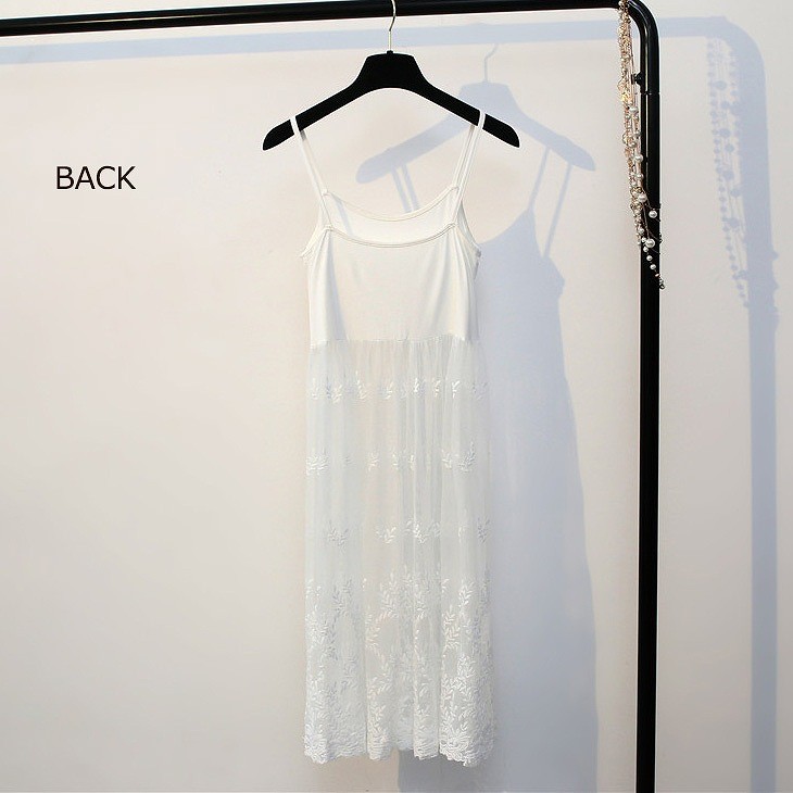 レディース　ワンピース　キャミソール　透け感　レース　トップス　人気　春物　夏物　女性　大人　カジュアル　キュート　可愛い　フェミニン　セクシー　おしゃれ　ファッション　ホワイト　ブラック　フリーサイズ　ワンサイズ　送料無料