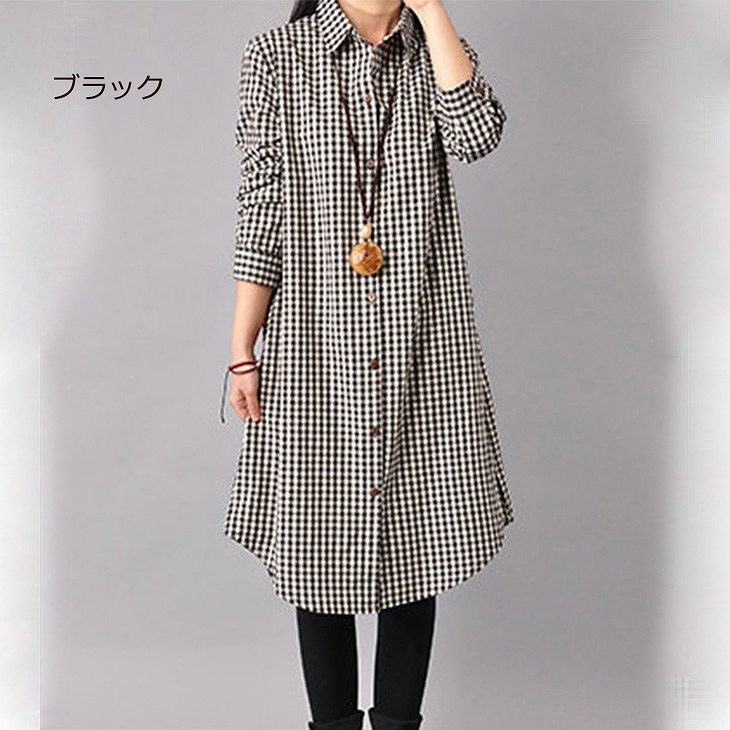 レディース　シャツワンピ　8分袖　ワンピース　チェック　ミモレ丈　コットン　シンプル　カジュアル　大きいサイズ　大人可愛い　フェミニン　ナチュラル　お出かけ　デート　デイリー　ブラック　レッド　送料無料