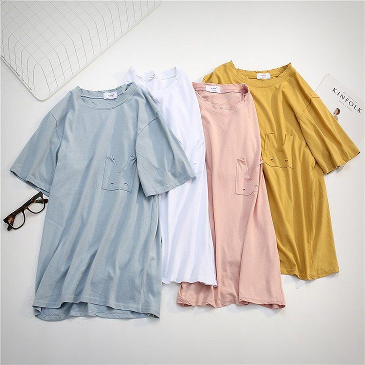 レディース　胸ポケット　ダメージ加工　ヴィンテージ　半袖　Tシャツ　ラウンドネック　トップス　人気　春物　夏物　女性　大人　カジュアル　キュート　可愛い　フェミニン　おしゃれ　ファッション　ホワイト　イエロー　フリーサイズ　ワンサイズ　送料無料