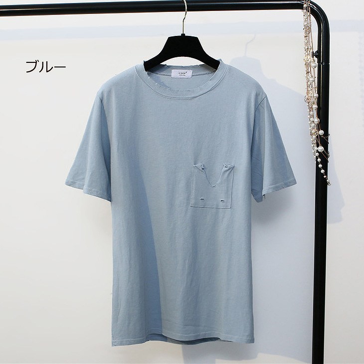 レディース　胸ポケット　ダメージ加工　ヴィンテージ　半袖　Tシャツ　ラウンドネック　トップス　人気　春物　夏物　女性　大人　カジュアル　キュート　可愛い　フェミニン　おしゃれ　ファッション　ホワイト　イエロー　フリーサイズ　ワンサイズ　送料無料