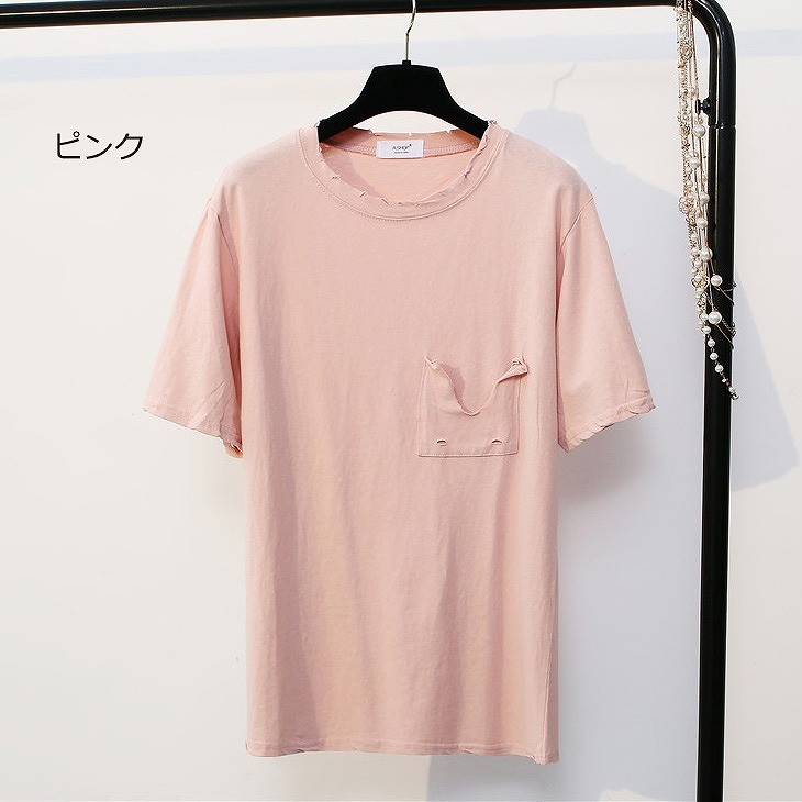 レディース　胸ポケット　ダメージ加工　ヴィンテージ　半袖　Tシャツ　ラウンドネック　トップス　人気　春物　夏物　女性　大人　カジュアル　キュート　可愛い　フェミニン　おしゃれ　ファッション　ホワイト　イエロー　フリーサイズ　ワンサイズ　送料無料