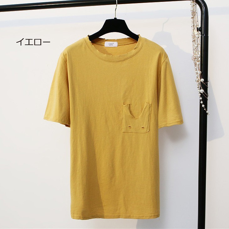 レディース　胸ポケット　ダメージ加工　ヴィンテージ　半袖　Tシャツ　ラウンドネック　トップス　人気　春物　夏物　女性　大人　カジュアル　キュート　可愛い　フェミニン　おしゃれ　ファッション　ホワイト　イエロー　フリーサイズ　ワンサイズ　送料無料