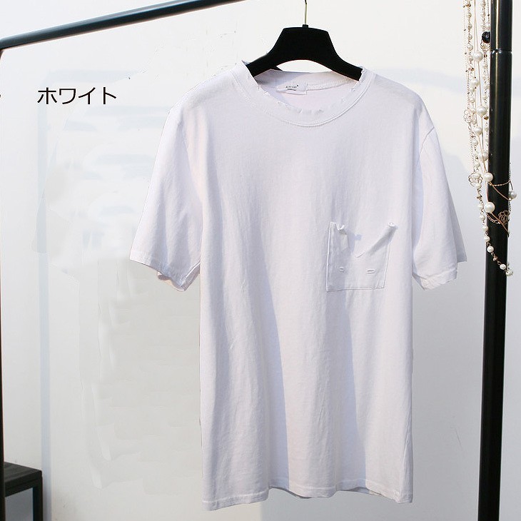 レディース　胸ポケット　ダメージ加工　ヴィンテージ　半袖　Tシャツ　ラウンドネック　トップス　人気　春物　夏物　女性　大人　カジュアル　キュート　可愛い　フェミニン　おしゃれ　ファッション　ホワイト　イエロー　フリーサイズ　ワンサイズ　送料無料