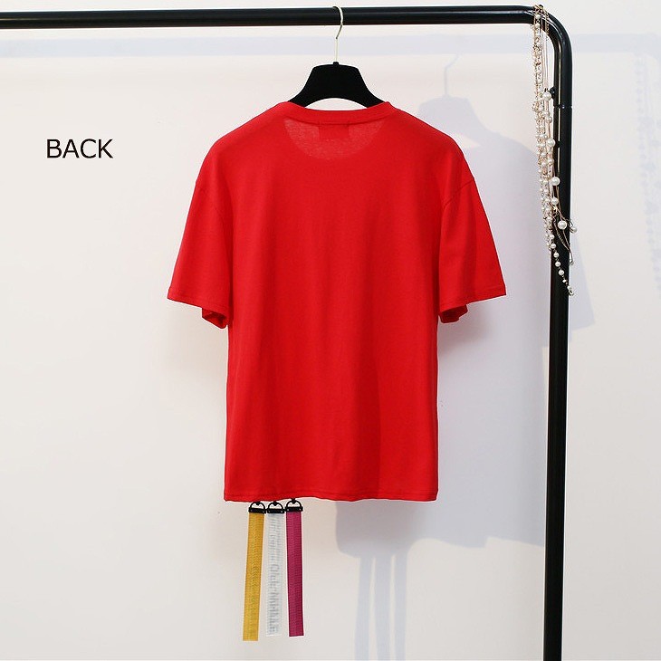 レディース　ショート丈　半袖　Tシャツ　クルーネック　ラウンドネック　トップス　人気　春物　夏物　女性　大人　カジュアル　キュート　可愛い　フェミニン　おしゃれ　ファッション　レッド　ブラック　ホワイト　フリーサイズ　ワンサイズ　送料無料