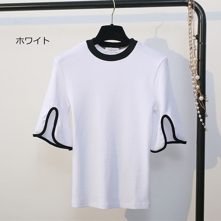 レディース　フレアスリーブ　半袖　Tシャツ　クルーネック　トップス　人気　春物　夏物　女性　大人　カジュアル　キュート　可愛い　フェミニン　上品　おしゃれ　ファッション　イエロー　ピンク　ブルー　ホワイト　フリーサイズ　ワンサイズ　送料無料