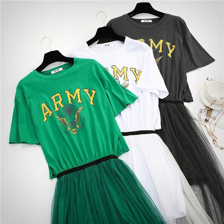 レディース　ワンピース　チュールスカート　透け感　オールインワン　Tシャツ　半袖　スカート　人気　春物　夏物　女性　大人　カジュアル　キュート　可愛い　フェミニン　おしゃれ　ファッション　グリーン　ホワイト　グレー　フリーサイズ　ワンサイズ　送料無料