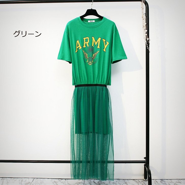 レディース　ワンピース　チュールスカート　透け感　オールインワン　Tシャツ　半袖　スカート　人気　春物　夏物　女性　大人　カジュアル　キュート　可愛い　フェミニン　おしゃれ　ファッション　グリーン　ホワイト　グレー　フリーサイズ　ワンサイズ　送料無料