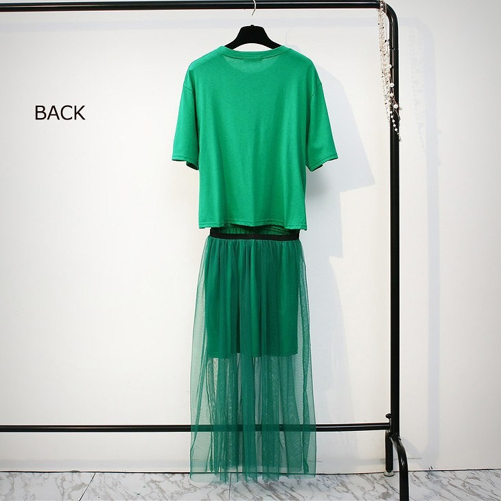 レディース　ワンピース　チュールスカート　透け感　オールインワン　Tシャツ　半袖　スカート　人気　春物　夏物　女性　大人　カジュアル　キュート　可愛い　フェミニン　おしゃれ　ファッション　グリーン　ホワイト　グレー　フリーサイズ　ワンサイズ　送料無料