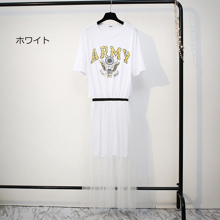 レディース　ワンピース　チュールスカート　透け感　オールインワン　Tシャツ　半袖　スカート　人気　春物　夏物　女性　大人　カジュアル　キュート　可愛い　フェミニン　おしゃれ　ファッション　グリーン　ホワイト　グレー　フリーサイズ　ワンサイズ　送料無料