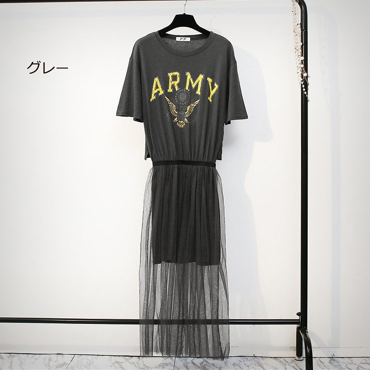 レディース　ワンピース　チュールスカート　透け感　オールインワン　Tシャツ　半袖　スカート　人気　春物　夏物　女性　大人　カジュアル　キュート　可愛い　フェミニン　おしゃれ　ファッション　グリーン　ホワイト　グレー　フリーサイズ　ワンサイズ　送料無料