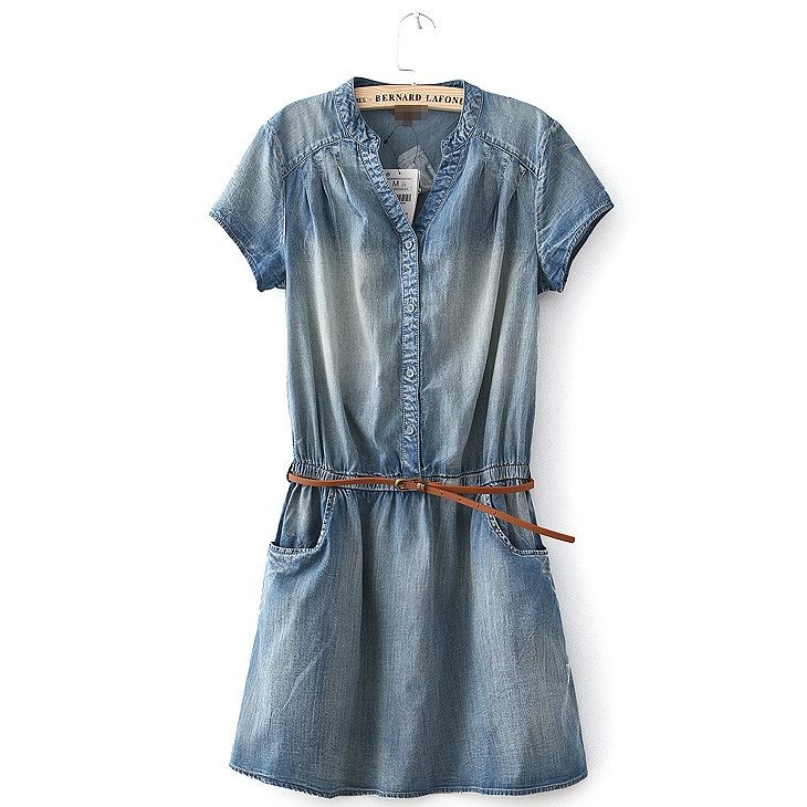 レディース　デニム　Vネック　ワンピ　半袖　ワンピース　無地　膝上丈　シンプル　カジュアル　大人可愛い　フェミニン　ナチュラル　お出かけ　デート　デイリー　ブルー　送料無料