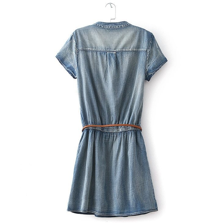 レディース　デニム　Vネック　ワンピ　半袖　ワンピース　無地　膝上丈　シンプル　カジュアル　大人可愛い　フェミニン　ナチュラル　お出かけ　デート　デイリー　ブルー　送料無料