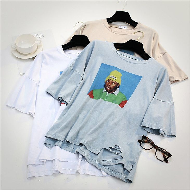 レディース　プリント　ダメージ加工　半袖　Tシャツ　ショートスリーブ　人気　春物　夏物　女性　大人　カジュアル　キュート　可愛い　フェミニン　おしゃれ　ファッション　ピンク　ブルー　ホワイト　フリーサイズ　ワンサイズ　送料無料