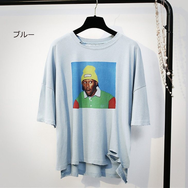 レディース　プリント　ダメージ加工　半袖　Tシャツ　ショートスリーブ　人気　春物　夏物　女性　大人　カジュアル　キュート　可愛い　フェミニン　おしゃれ　ファッション　ピンク　ブルー　ホワイト　フリーサイズ　ワンサイズ　送料無料