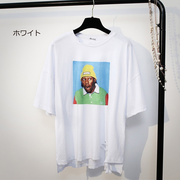 レディース　プリント　ダメージ加工　半袖　Tシャツ　ショートスリーブ　人気　春物　夏物　女性　大人　カジュアル　キュート　可愛い　フェミニン　おしゃれ　ファッション　ピンク　ブルー　ホワイト　フリーサイズ　ワンサイズ　送料無料