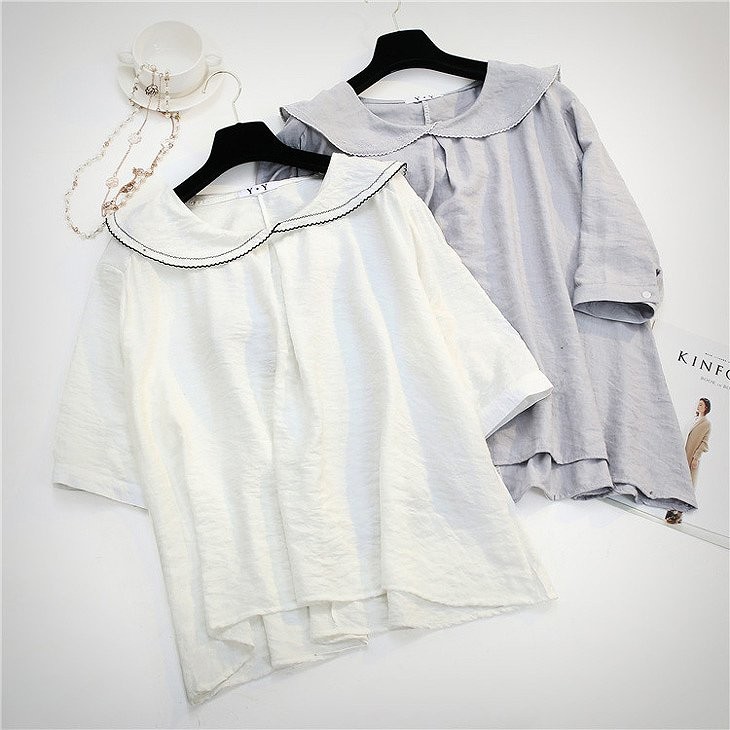 レディース　トップス　セーラーカラー　カットソー　シャツ　5分袖　無地　シンプル　カジュアル　フリーサイズ　大人可愛い　フェミニン　デート　お出かけ　デイリー　グレー　ホワイト　送料無料