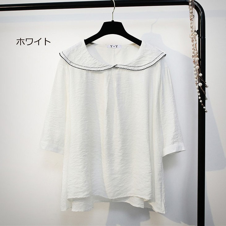 レディース　トップス　セーラーカラー　カットソー　シャツ　5分袖　無地　シンプル　カジュアル　フリーサイズ　大人可愛い　フェミニン　デート　お出かけ　デイリー　グレー　ホワイト　送料無料