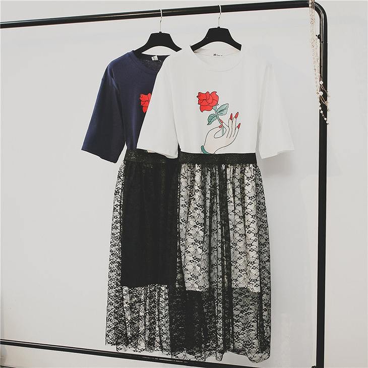 レディース　ツーピース　ロンT　カットソー　プリント　7分袖　総レース　スカート　ミモレ丈　フリーサイズ　シンプル　カジュアル　大人可愛い　フェミニン　デート　お出かけ　デイリー　ホワイト　ネイビー　送料無料