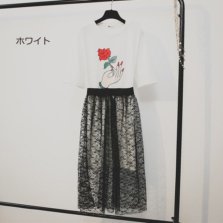レディース　ツーピース　ロンT　カットソー　プリント　7分袖　総レース　スカート　ミモレ丈　フリーサイズ　シンプル　カジュアル　大人可愛い　フェミニン　デート　お出かけ　デイリー　ホワイト　ネイビー　送料無料