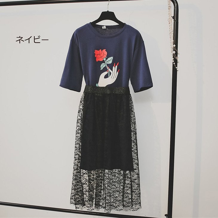 レディース　ツーピース　ロンT　カットソー　プリント　7分袖　総レース　スカート　ミモレ丈　フリーサイズ　シンプル　カジュアル　大人可愛い　フェミニン　デート　お出かけ　デイリー　ホワイト　ネイビー　送料無料