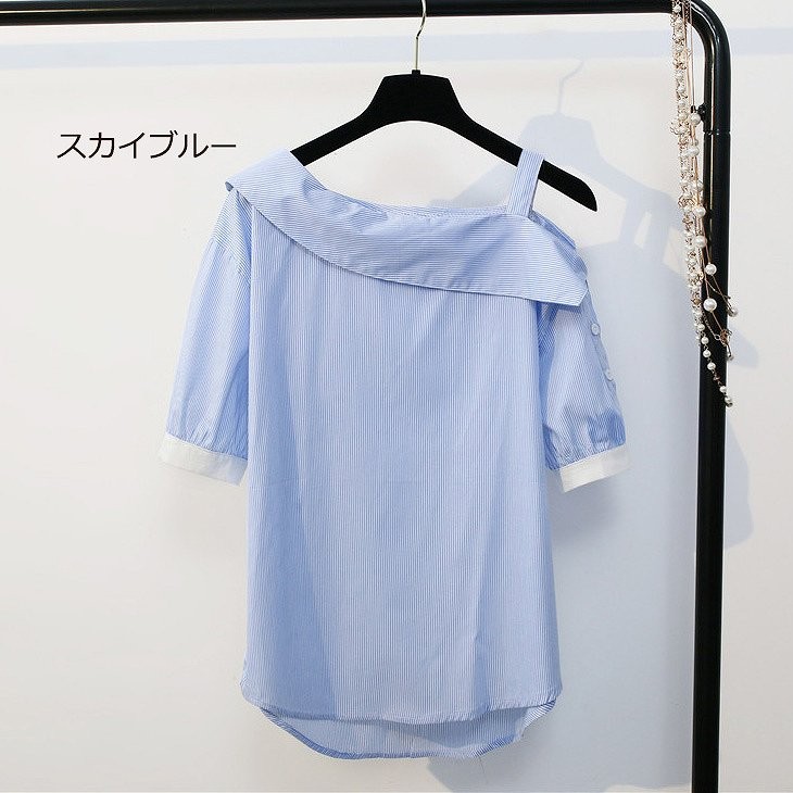 レディース　トップス　カットソー　シャツ　半袖　ストライプ　個性派　シンプル　カジュアル　大人可愛い　フリーサイズ　フェミニン　デート　お出かけ　デイリー　ディープブルー　スカイブルー　送料無料