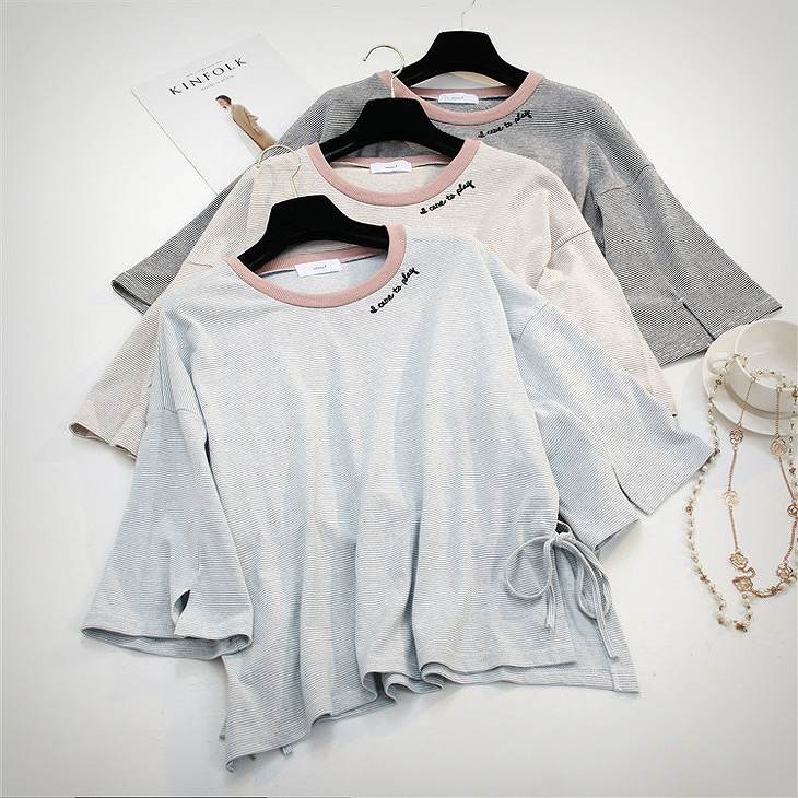 レディース　トップス　Tシャツ　カットソー　シャツ　7分袖　ボーダー　シンプル　カジュアル　大人可愛い　フリーサイズ　フェミニン　デート　お出かけ　デイリー　アプリコット　ライトブルー　ブラック　送料無料