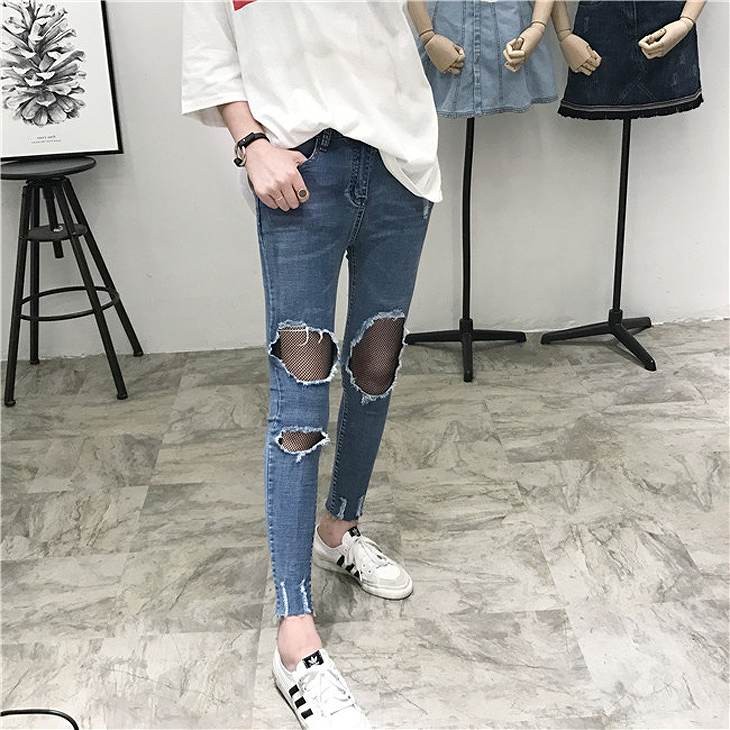 レディース　ボトムス　クラッシュ　ジーンズ　デニムパンツ　ダメージ　スリム　無地　カジュアル　大人可愛い　大きいサイズ　シンプル　美脚　デイリー　お出かけ　デート　ブルー　送料無料