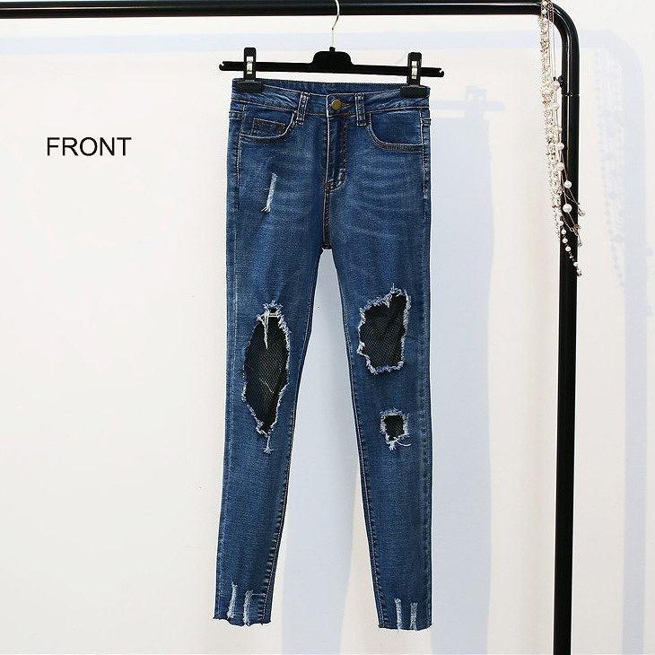 レディース　ボトムス　クラッシュ　ジーンズ　デニムパンツ　ダメージ　スリム　無地　カジュアル　大人可愛い　大きいサイズ　シンプル　美脚　デイリー　お出かけ　デート　ブルー　送料無料