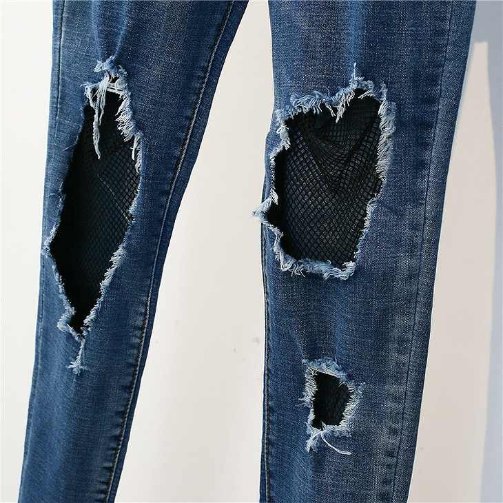 レディース　ボトムス　クラッシュ　ジーンズ　デニムパンツ　ダメージ　スリム　無地　カジュアル　大人可愛い　大きいサイズ　シンプル　美脚　デイリー　お出かけ　デート　ブルー　送料無料