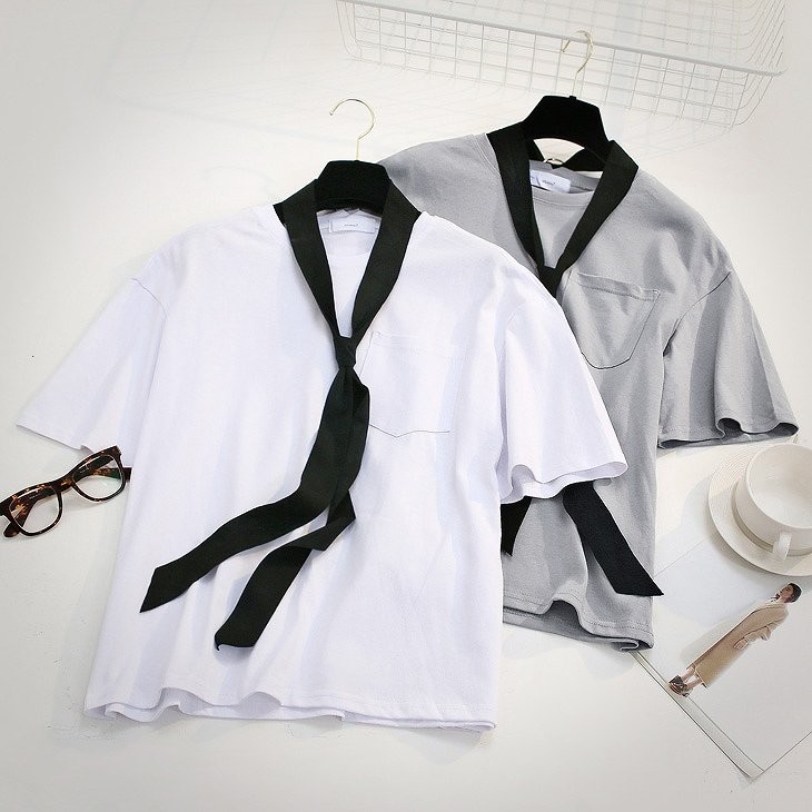 レディース　トップス　Tシャツ　ルーズタイ　半袖　無地　シンプル　カジュアル　春夏　フリーサイズ　大人可愛い　フェミニン　デート　お出かけ　デイリー　グレー　ホワイト　送料無料