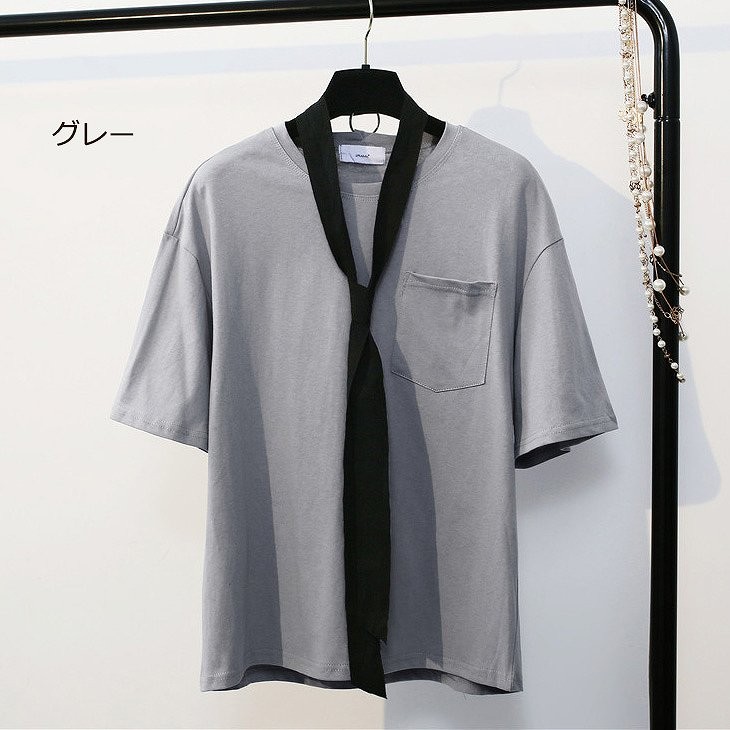 レディース　トップス　Tシャツ　ルーズタイ　半袖　無地　シンプル　カジュアル　春夏　フリーサイズ　大人可愛い　フェミニン　デート　お出かけ　デイリー　グレー　ホワイト　送料無料