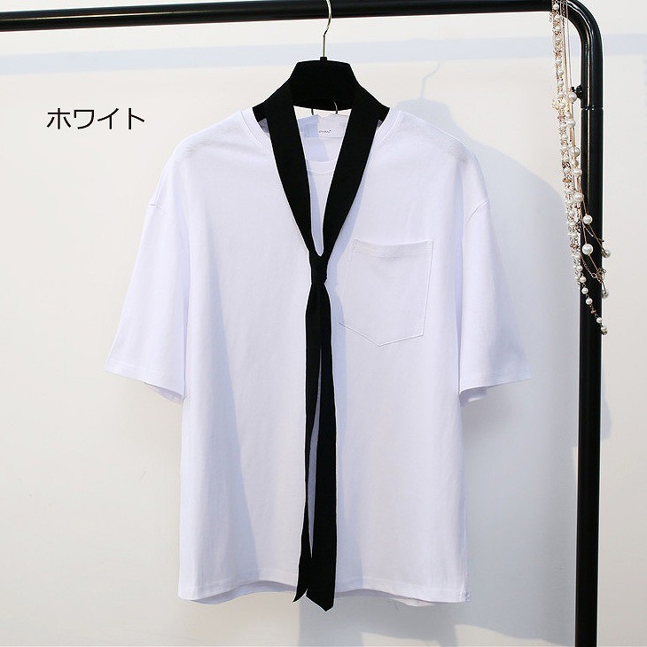 レディース　トップス　Tシャツ　ルーズタイ　半袖　無地　シンプル　カジュアル　春夏　フリーサイズ　大人可愛い　フェミニン　デート　お出かけ　デイリー　グレー　ホワイト　送料無料