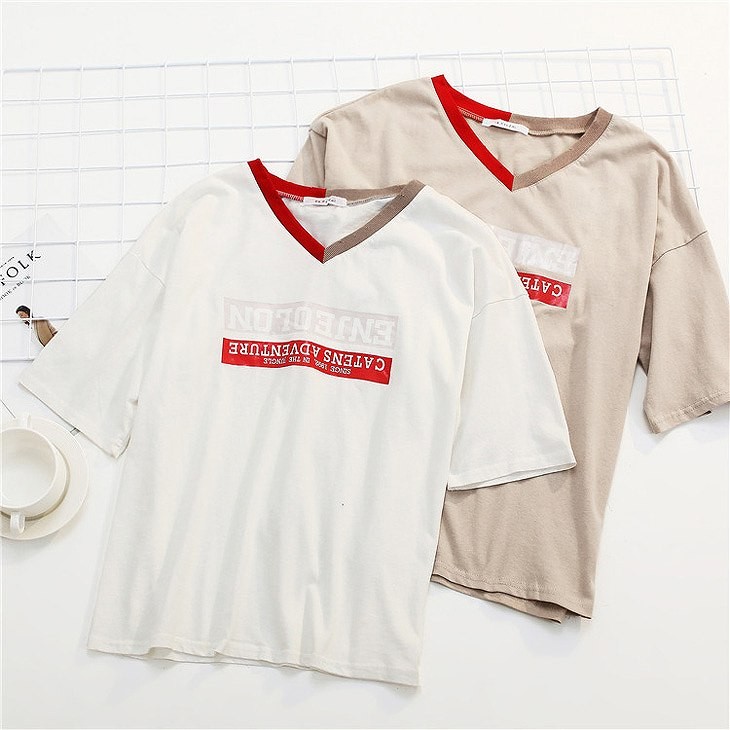 レディース　トップス　Tシャツ　Vネック　半袖　ロゴ　シンプル　カジュアル　春夏　フリーサイズ　大人可愛い　フェミニン　デート　お出かけ　デイリー　アプリコット　ホワイト　送料無料