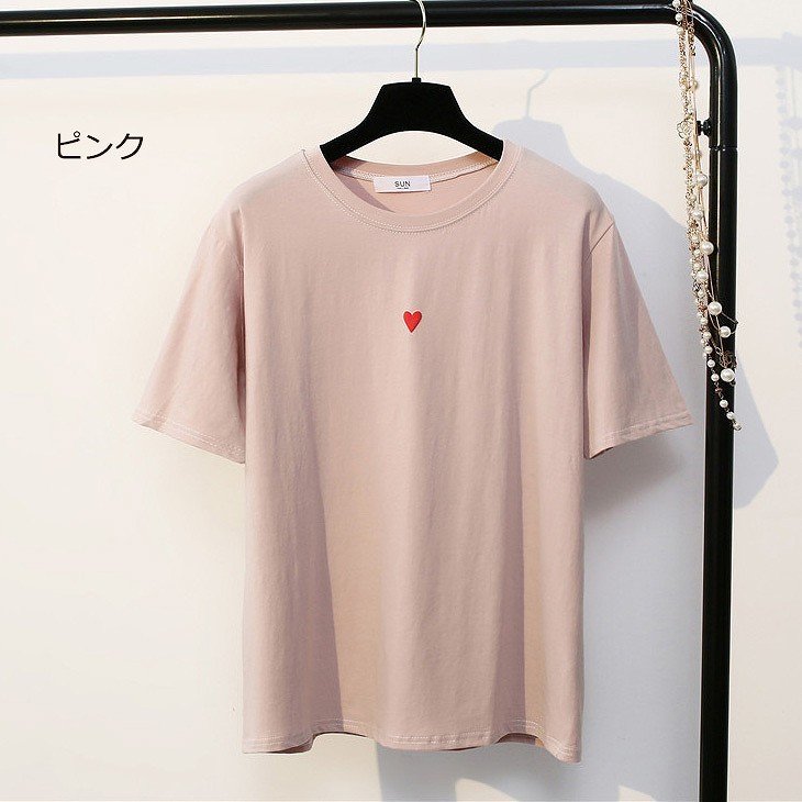 レディース　トップス　Tシャツ　ラウンドネック　半袖　ワンポイント　シンプル　カジュアル　春夏　フリーサイズ　大人可愛い　フェミニン　デート　お出かけ　デイリー　ピンク　ホワイト　ブラック　送料無料