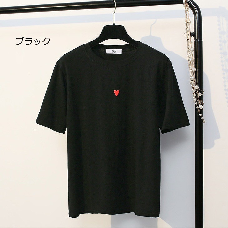 レディース　トップス　Tシャツ　ラウンドネック　半袖　ワンポイント　シンプル　カジュアル　春夏　フリーサイズ　大人可愛い　フェミニン　デート　お出かけ　デイリー　ピンク　ホワイト　ブラック　送料無料