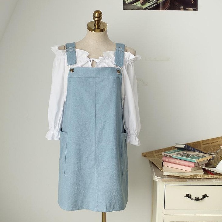 レディース　デニム　エプロンワンピ　ノースリーブ　ワンピース　オーバーオール　　サロペット　無地　膝上丈　シンプル　カジュアル　大人可愛い　フェミニン　ナチュラル　お出かけ　デート　デイリー　ブルー　送料無料