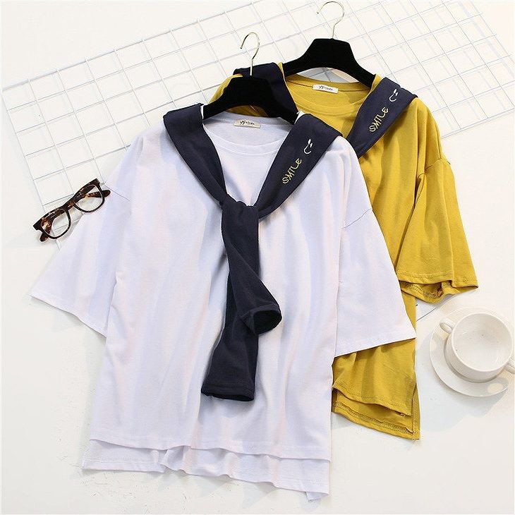 レディース　トップス　Tシャツ　ルーズタイ　5分袖　無地　シンプル　カジュアル　春夏　フリーサイズ　大人可愛い　フェミニン　デート　お出かけ　デイリー　イエロー　ホワイト　送料無料