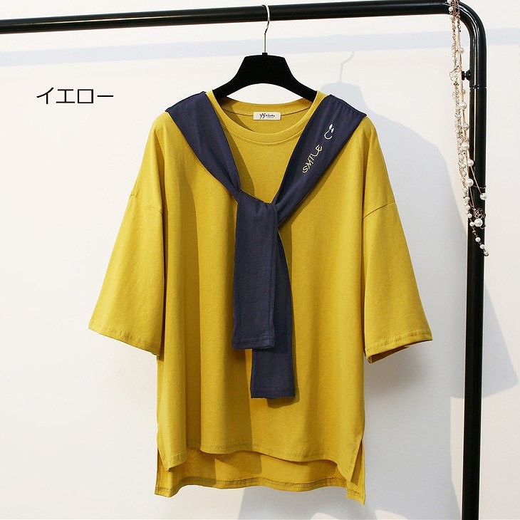 レディース　トップス　Tシャツ　ルーズタイ　5分袖　無地　シンプル　カジュアル　春夏　フリーサイズ　大人可愛い　フェミニン　デート　お出かけ　デイリー　イエロー　ホワイト　送料無料