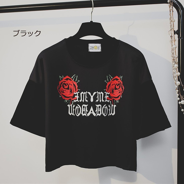 レディース　トップス　Tシャツ　ラウンドネック　5分袖　プリント　シンプル　カジュアル　春夏　フリーサイズ　大人可愛い　フェミニン　デート　お出かけ　デイリー　ホワイト　ブラック　送料無料
