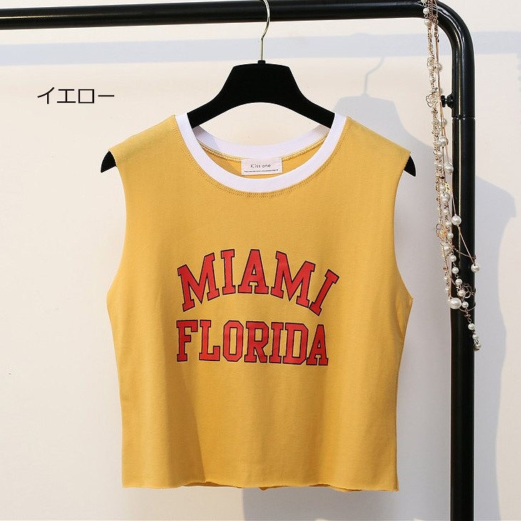 レディース　トップス　タンクトップ　ノースリーブ　カットソー　英字プリント　シンプル　カジュアル　春夏　フリーサイズ　大人可愛い　スポーツ　フェミニン　デート　お出かけ　デイリー　イエロー　グリーン　ホワイト　ブラック　送料無料